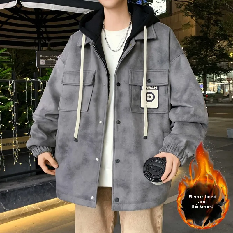 

2025 New Autumn Winter Hooded Jaet Thiened Fce Men's Cool Trendy Youth Faion Outerwear Long Sve Zipper Closure