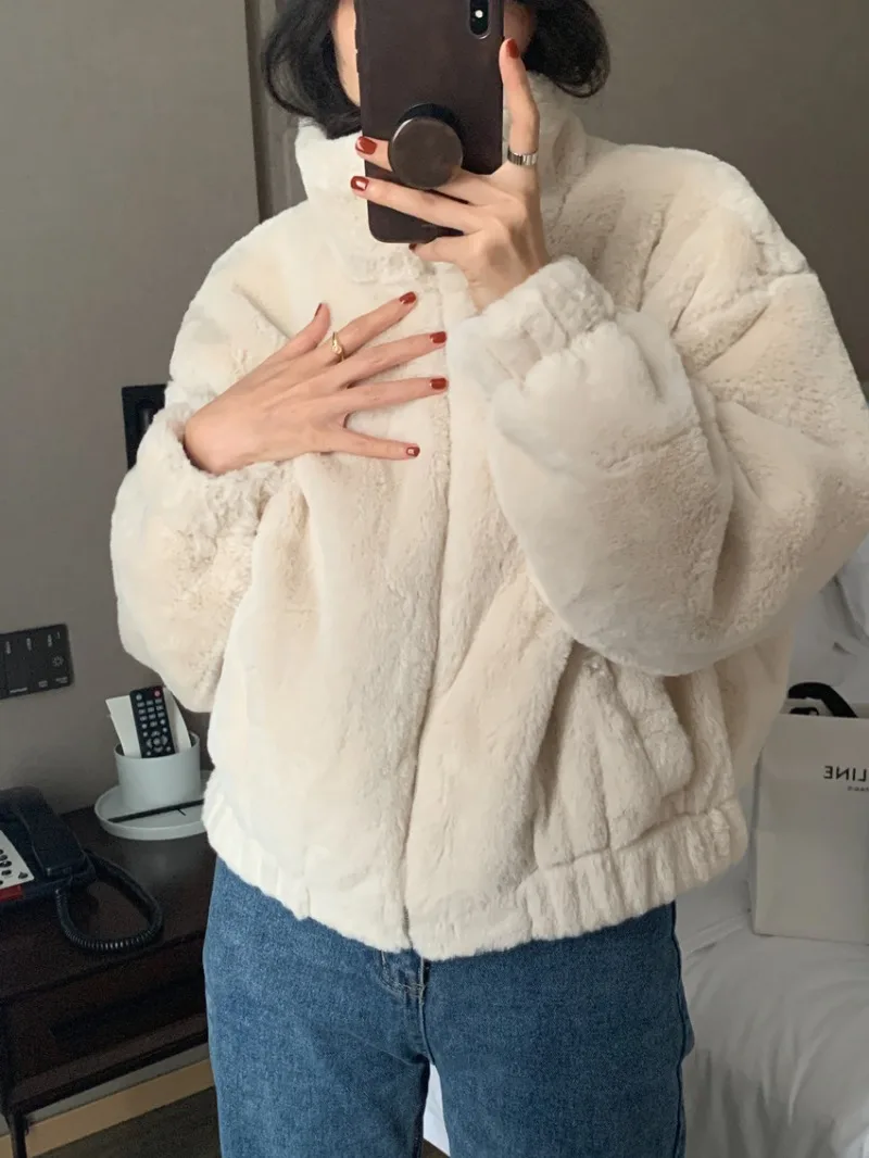 Women Winter Fleece Warm Coat Stand Collar Plush Thick Sweatshirts Female Korean Fashion Casual Long Sleeve Zipper Clothes Y2k