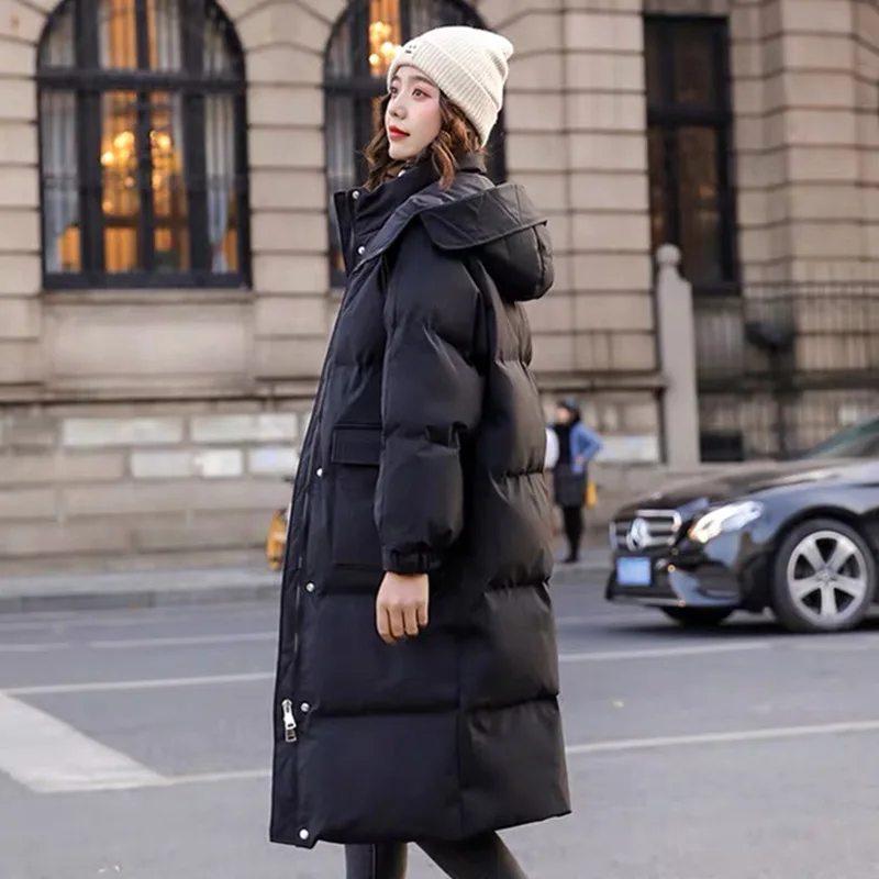 New Down Cotton Jacket Fashionable Long Korean Version Over the Knee Warm Hooded Cotton Jacket Girls' Winter Thick Cotton Jacket
