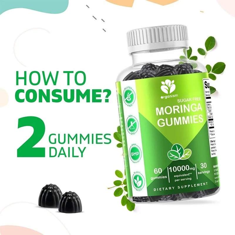 Caramelle gommose Moringa senza zucchero - equivalenti a 10.000 milligrammi per porzione (da 200 milligrammi estratto 50:1) -60 capsule