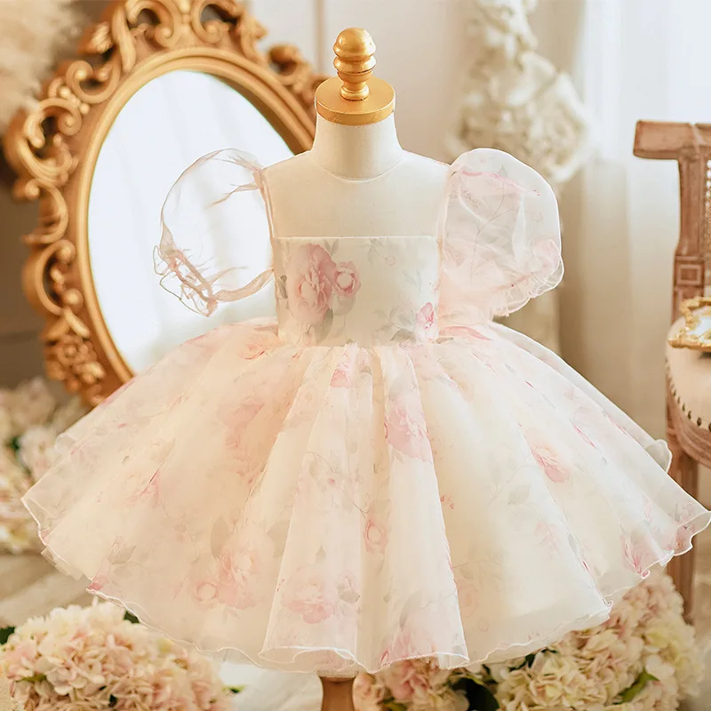 Children Cute Flower Printed Princess Ball Gown Girls Fashion Birthdya Wedding Performance Dress y1555