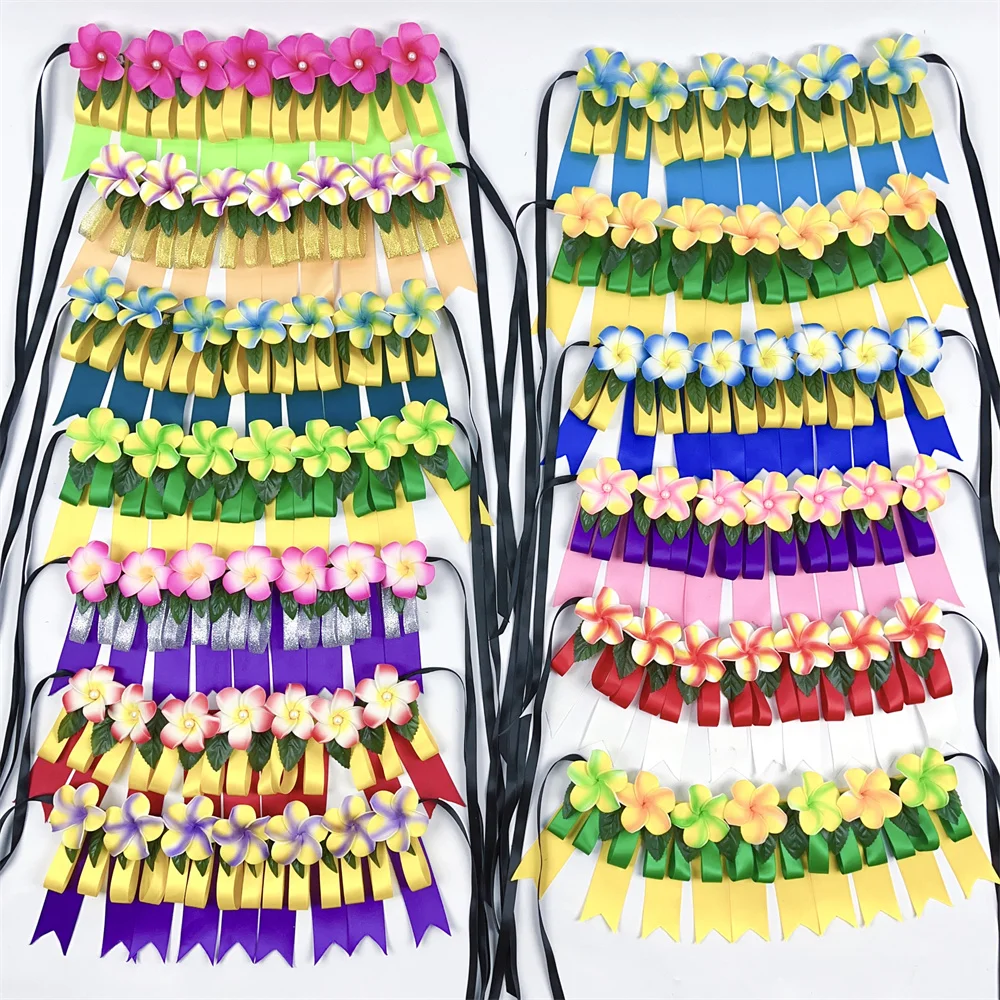 New Arrival Ribbon Short Lei With 7 Plumeria Flowers for Kids 32cm Pacific Island Festival Necklace Celebrations and Decorations