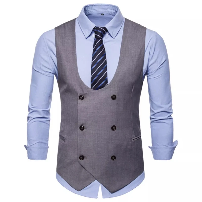 Gray Men Vest Solid Double ButtonTweed Slim Casual Waistcoat Sleeveless Jacket For Wedding Party Banquet Set