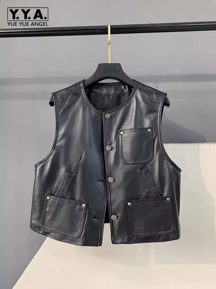 

Hot Sale Autumn Real Sheepskin Women Vests Top Quality O-Neck Waistcoat Genuine Leather Sleeveless Jacket Single Breasted Vest