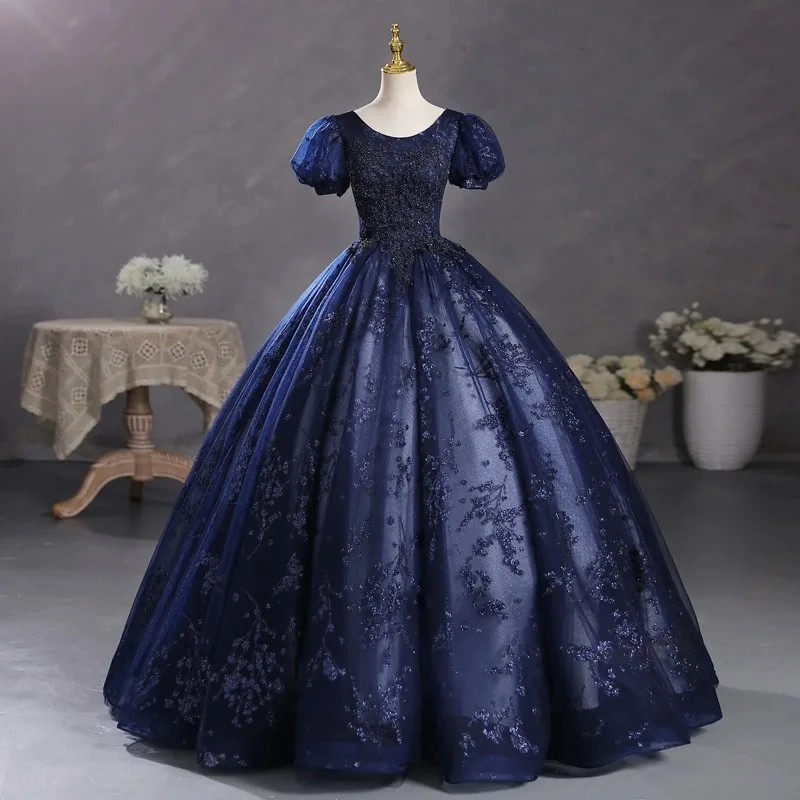 Navy Blue Bubble Sleeve Quinceanera Dresses Student Art Exam Vocal Performance Evening Dress Annual Meeting Host Evening Dress