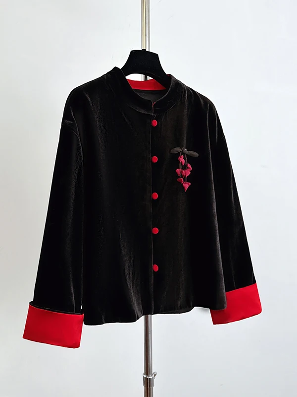 

New Chinese Sle Patchwork Velvet Jaet Autumn 2025 Loose Fit Long Sve Vintage Slimming Button up Top National Trend