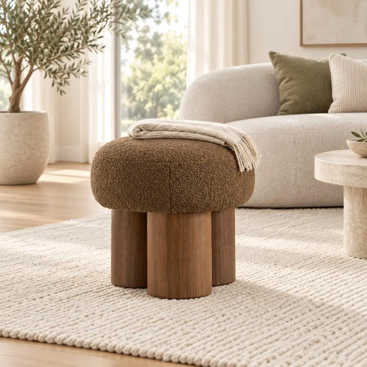 Teddy Fabric Mushroom Ottoman Stool with 3 Legs, Small Round Foot Rest for Living Room & Bedroom, 16.54'', Customized