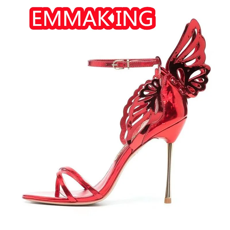 Ankle Strap Cutout Angel Wings Ladies Sandals 2024 New Leather Laser Fashion Runway Women Summer Stilleto High Shoes Size 43