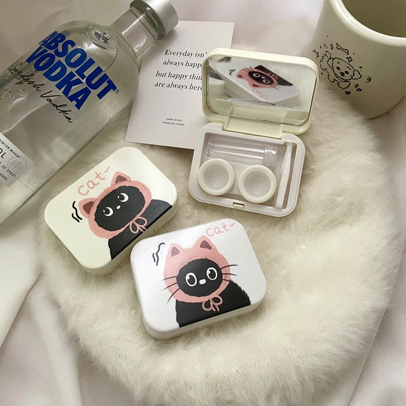 Cute Cat Printed Contact Lenses Box Portable Contact Lens Case With Mirror Tweezers Suction Stick Set For Travel Kit Holder Gift