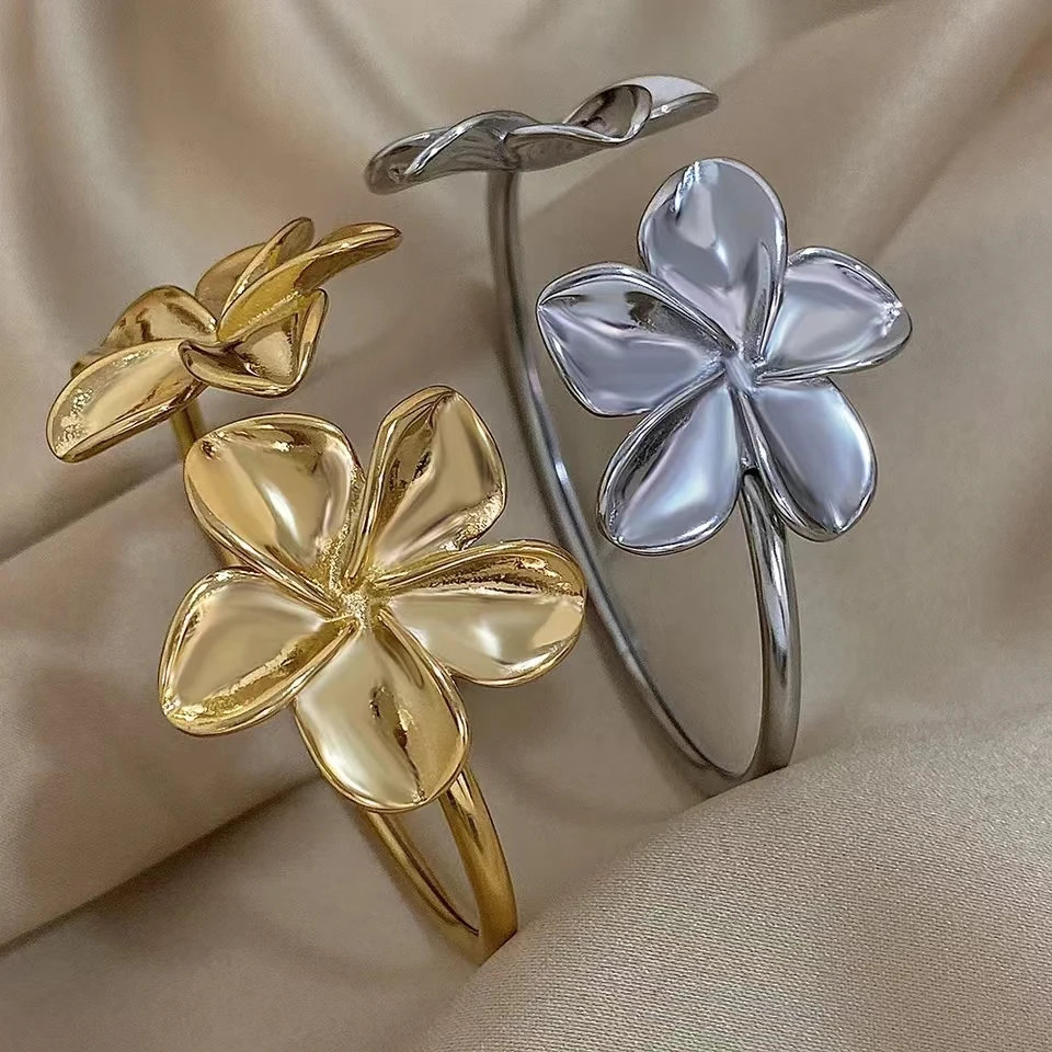 Stylish Double Big Flower Cuff Bracelet Fashion Creative Gold/Silver Color Metal Floral Bangle For Women Personality Simple Dail