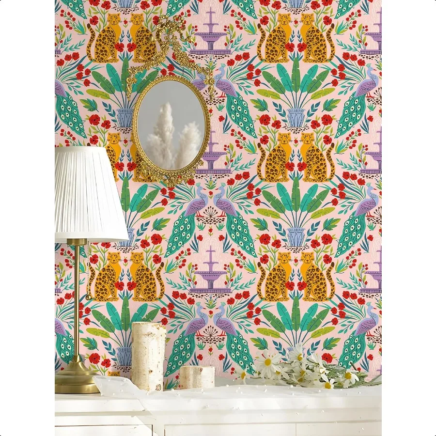 Tapete zum Abziehen und Aufkleben, Leoparden-Dschungel-Tier-Tapete für Vermietung, abnehmbare Boho-Blatt-Tapeten für Badezimmer, selbstklebend, C
