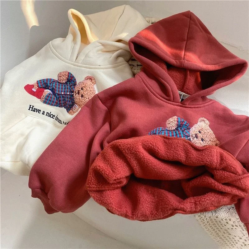 Boys Hoodies Sweatshirts Cotton Thicken Plus Velvet 2022 Red Wine Warm Winter Autumn Pullover Baby's Kids Children's Clothing