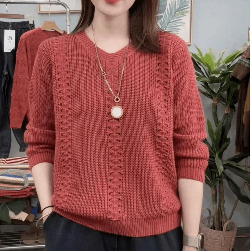 Casual Commute Style V-Neck Knitted Sweater Women Spring Autumn New Fashion Thin Top Female Loose Base Shirt Woman Clothes