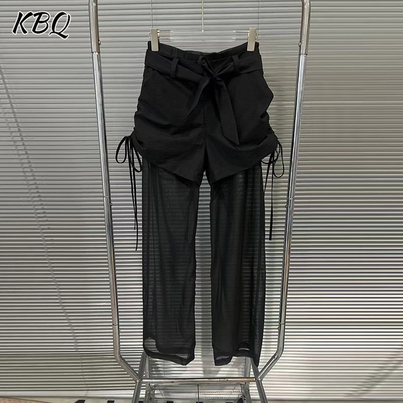 

KBQ Solid Spliced Lace Up Loose Casual Chic Sheer Pants for Women High Waist Patchwork Lace Long Pants Female Fashion Style New