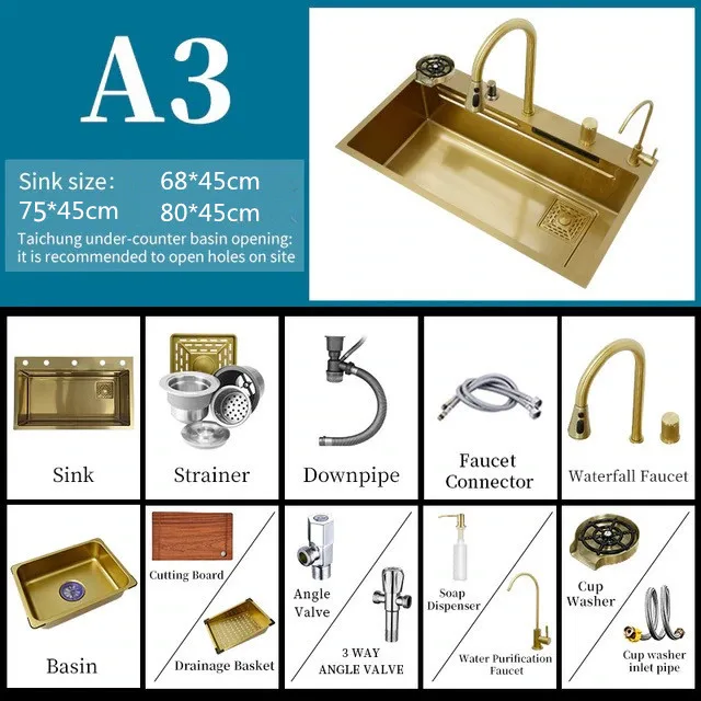 304 aço inoxidável Handmade Waterfall Sink, torneira da cozinha, 30, 32