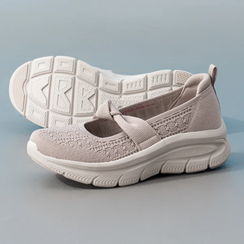 Sapatos Femininos Skechers Mary Jane Slip-On com Sola Macia e Boca Rasa, Sapatos Casuais Respiráveis com Sola Grossa em Malha 159117-Tpe