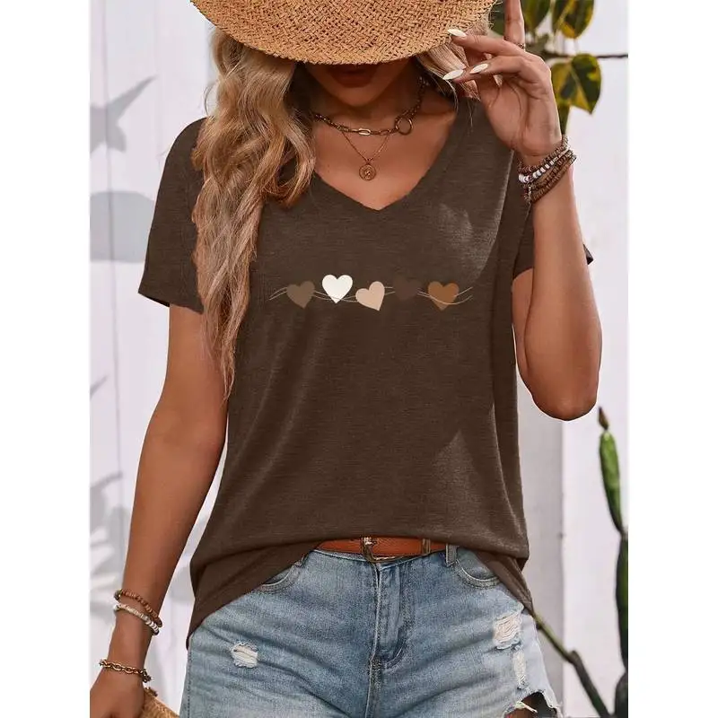 Women's Fashion Casual Top Base Tee, Gentle Style Heart-Position Print V-Neck Short Sleeve Loose Fit, for Daily Commuting Casual