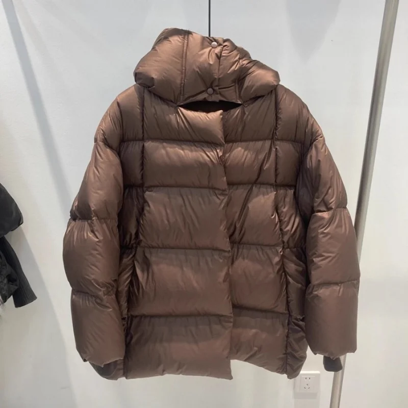 Inverno 2025 feminino engrossado quente com capuz jaqueta de alta qualidade moda high-street branco ganso para baixo casaco de pão fofo ao ar livre