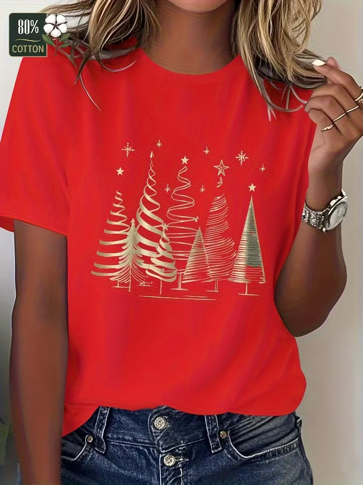 

WomenRed and Gold Christmas Tree Print TShirt Comfortable Casual Crew Neck Short Sleeve Holiday Party Wear Elegant Festive Style