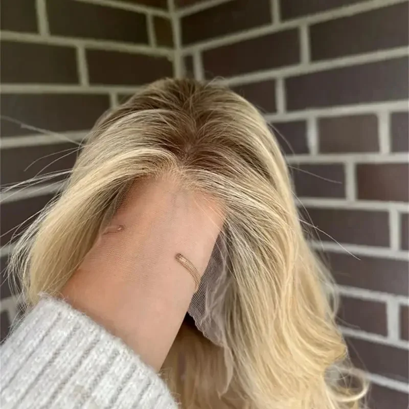 Ash Roots Blonde Boby Wave Wig Synthetic Lace Front Wig Shoulder Women Wigs 13x4 Realistic Hairline Cheap Wigs Heat Resistant