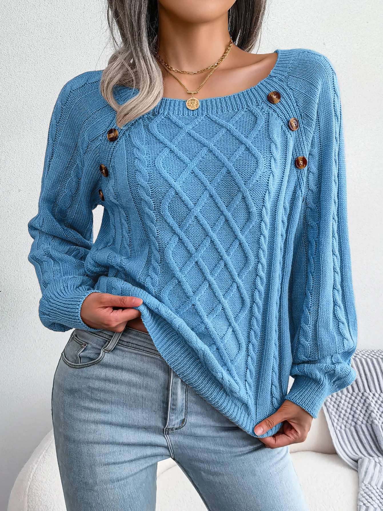 Women Casual Square Collar Buttons Long Sleeve Knitted Pullovers And Sweaters For Autumn Winter 2023