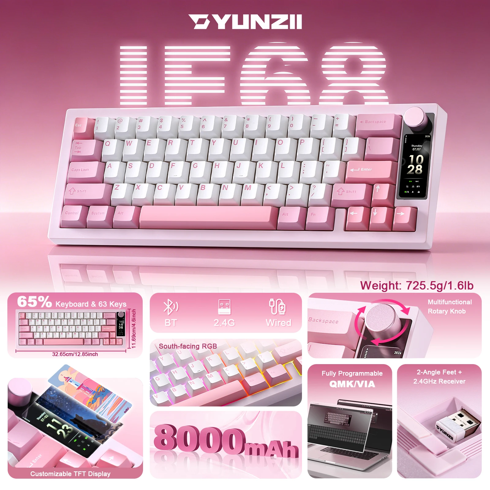 YUNZII IF68 QMK/VIA Wireless Gaming Mechanical Keyboard, TFT Display 65% RGB Hot Swap Creamy Computer Knob Keyboards for Mac/Win