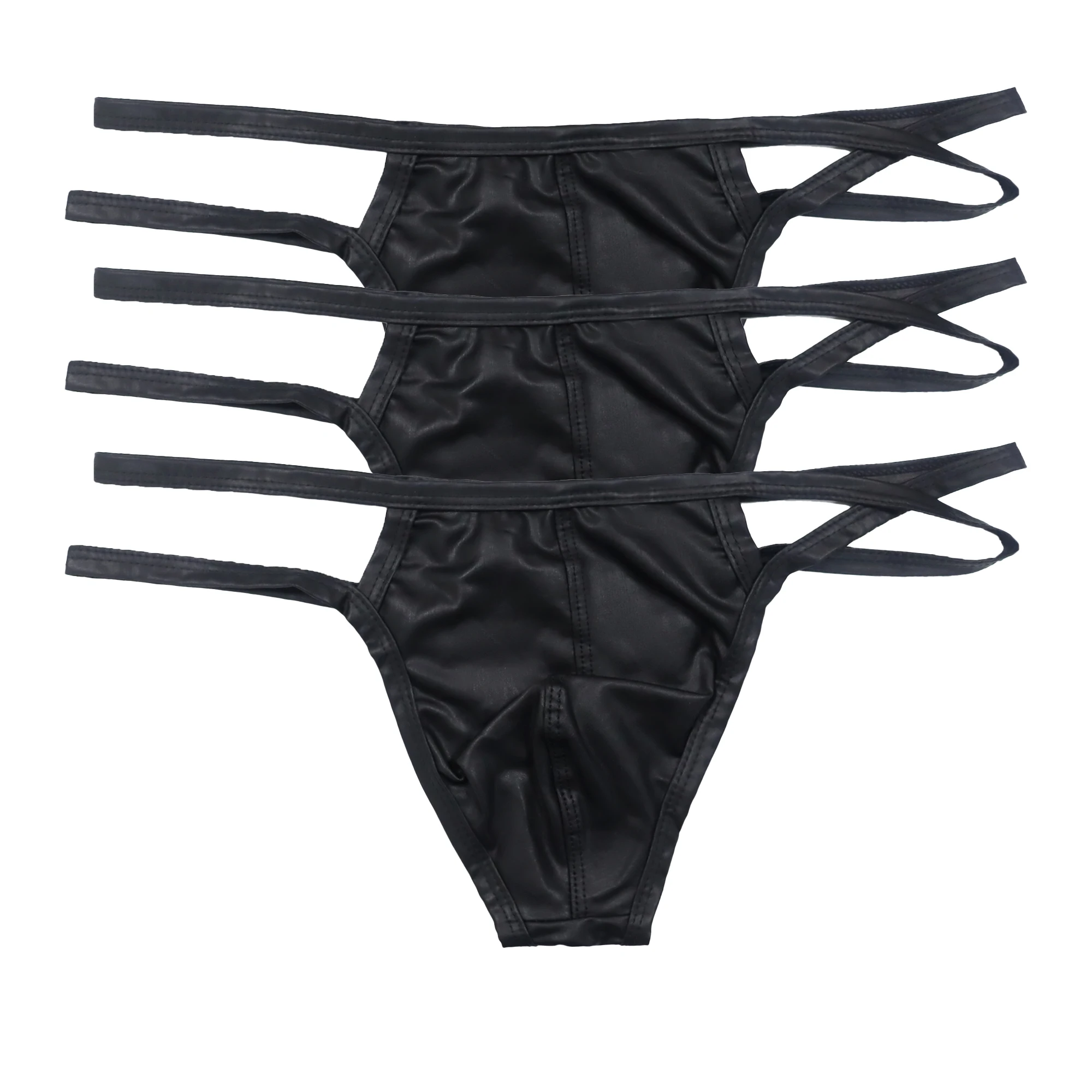 Men's 3PCS Sexy PVC Leather Underwear Glossy Low Waist Erotic Thong Black Bikini Underpants Mens Swollen Penis Bag Boxing Briefs