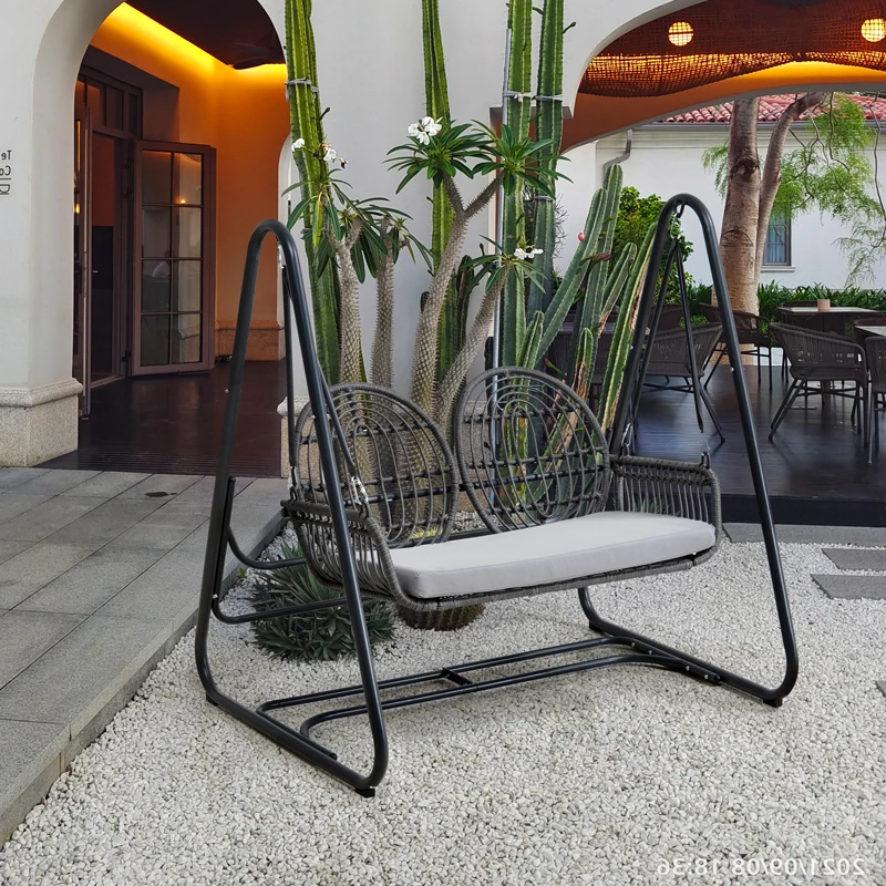 فناء الروطان سوينغ شرفة كرسي متأرجح في الهواء الطلق مقاوم للماء كرسي فيلا حديقة مزدوجة فناء أرجوحة أرجوحة الأثاث #2