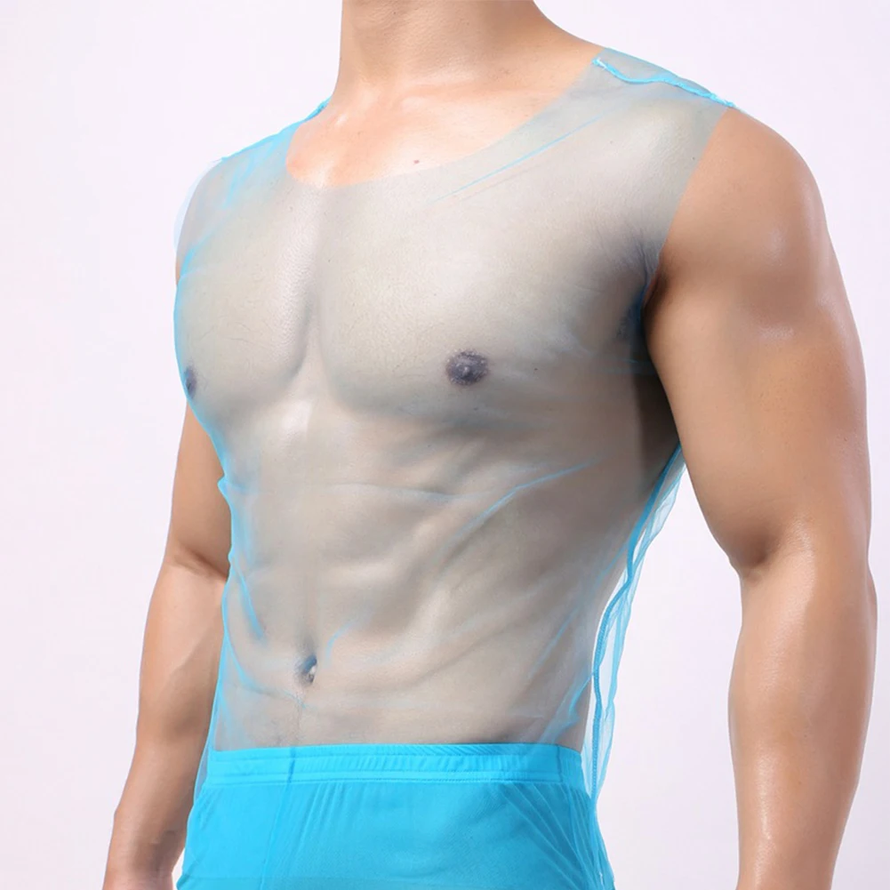 Chaleco Sexy transparente para hombre, camiseta sin mangas de rejilla transpirable, malla de gimnasio, cómoda perspectiva, camiseta elástica para