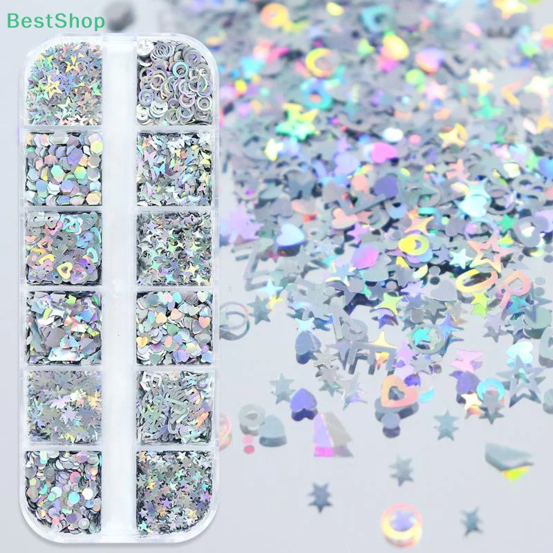 Σ Victoria Parque12 Raster Volledige Laser Zilver Nail Art Pailletten Laser Esdoornblad Ster Liefde DIY Nagelpatch DIY Manicure Gereedschap