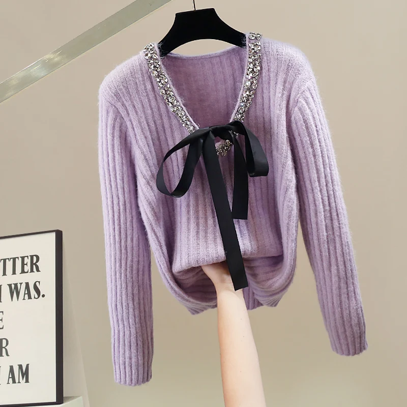 

Korean Sle Heavy Embellied Knot Splice Knitted Sweater Loose Long Sve Top Faionable Versatile Autumn Winte...