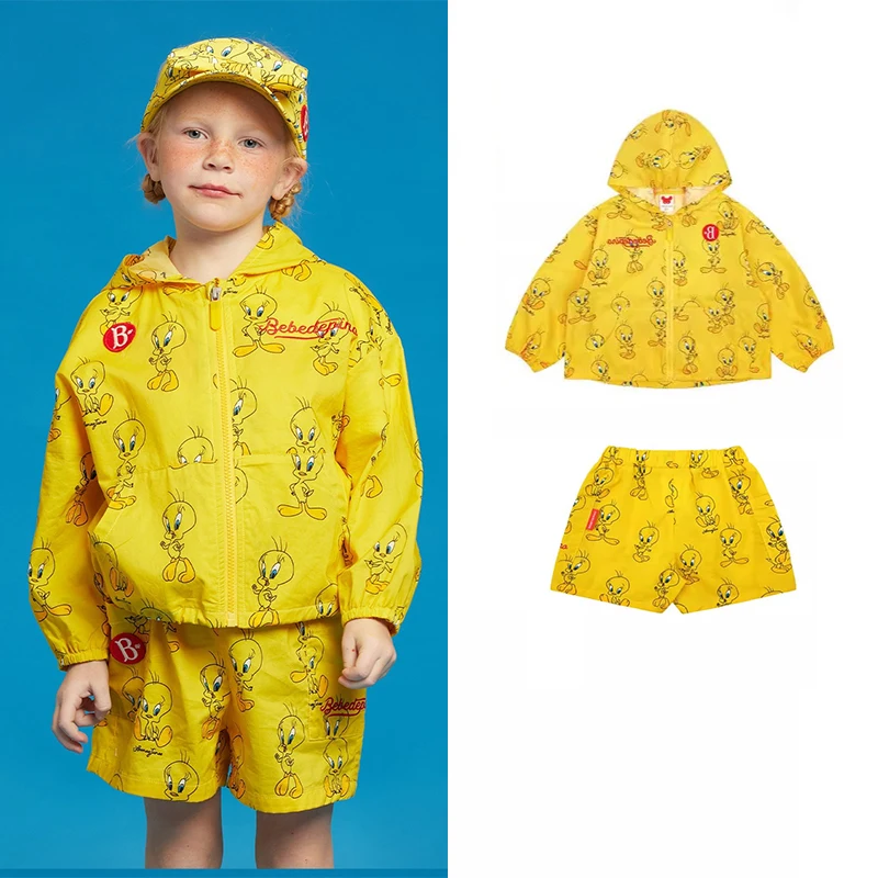 

Pre-sale 2024S/S Summer BE LT Kids All-Print Yellow Hooded Zipper Sunscreen Trench Coat Kids Sunscreen Shorts Set