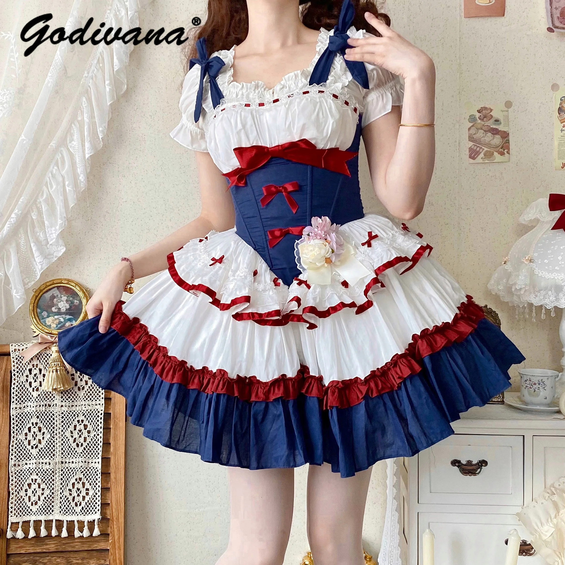 

Original Lolita Jsk Dress Sweet Ballet Style Fishbone High Waist Suspender Ball Gown Dress Sweet Girl Women's Short Sling Dress