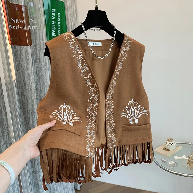 n Retro Embroidered Tassel Vest Top Summer Travel Photoaphy Pure Color Layering with Skirt Svel ort Length
