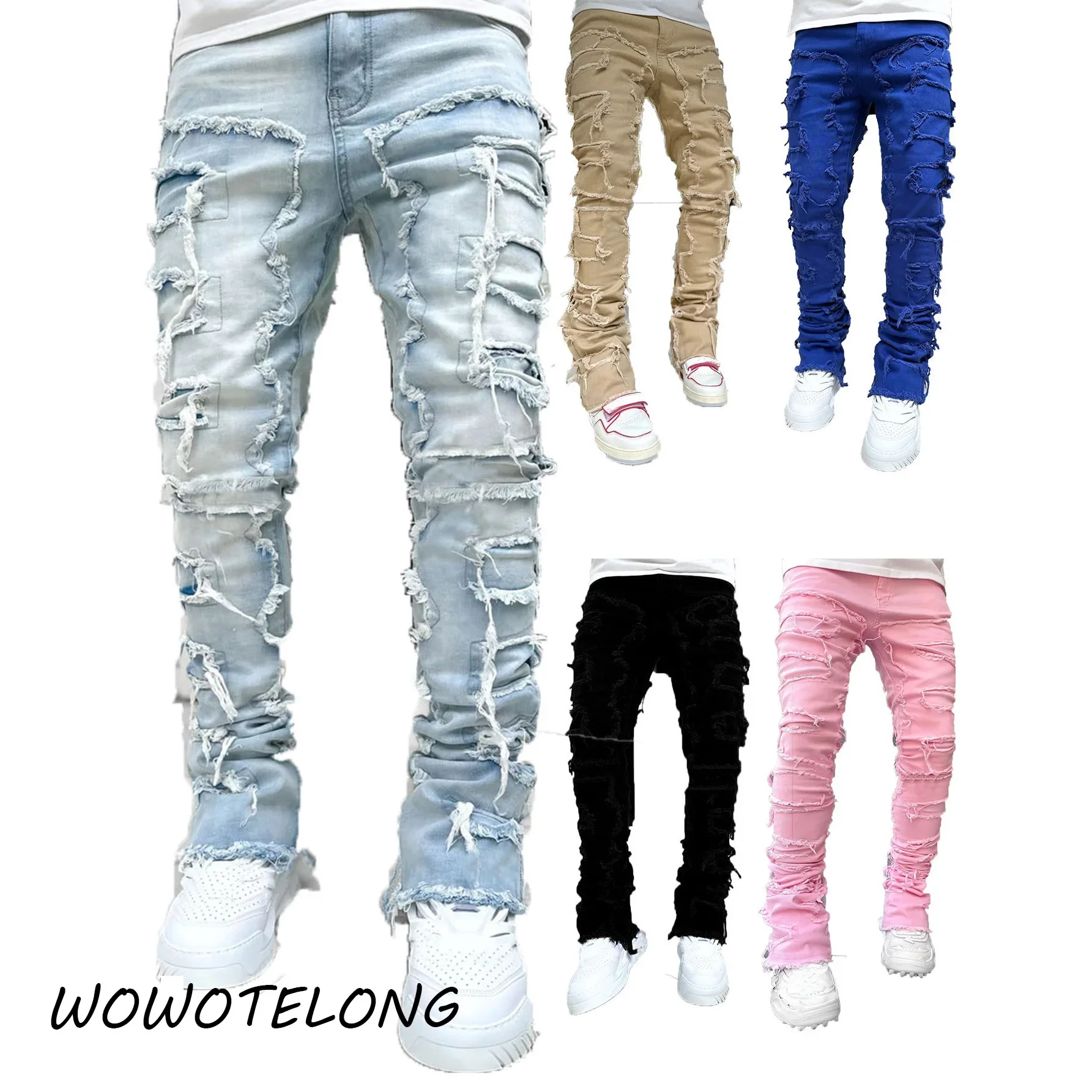 new Patch denim straight-leg pants retro jeans street fashion ins explosive style elastic new men\'s fashion retro denim trousers