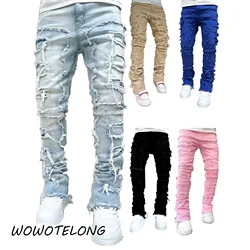 2024 High Street Fashion Men Jeans Retro Washed Blue Stretch Skinny Fit Ripped Jeans Men Patched Designer Hip Hop Brand Pants