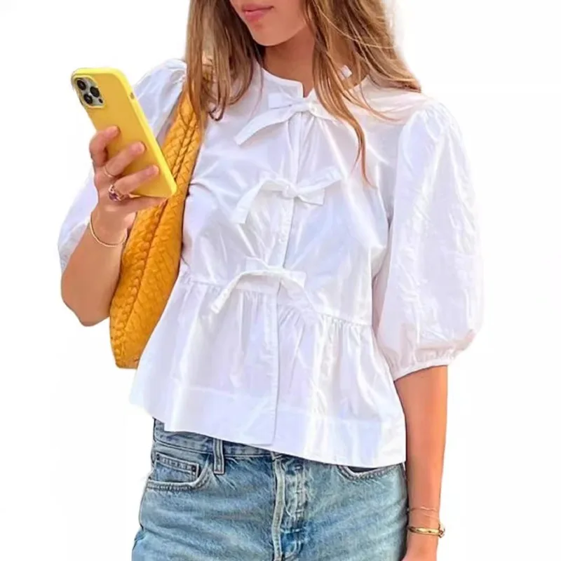 

2025 New Summer Shirt Niche Chic Short Sleeved Women's Lace Up Cardigan Loose Casual Top