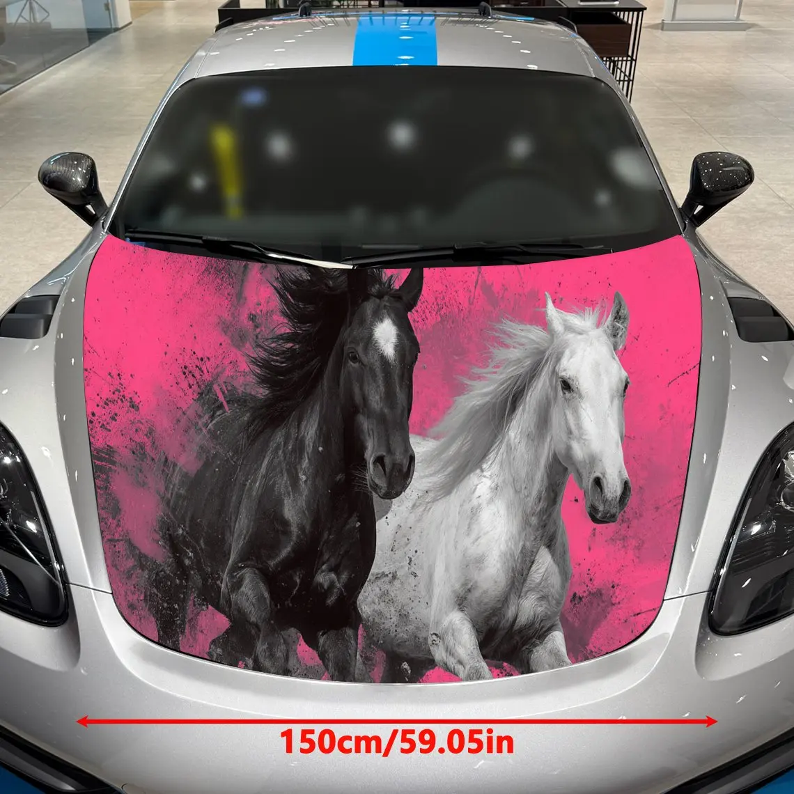 Splash-Ink Pink Trend Twin Horses Gallop Car Vinyl Wrap, PVC Material Waterproof Car Hood Sticker, Self-Adhesive Scratch-Resista