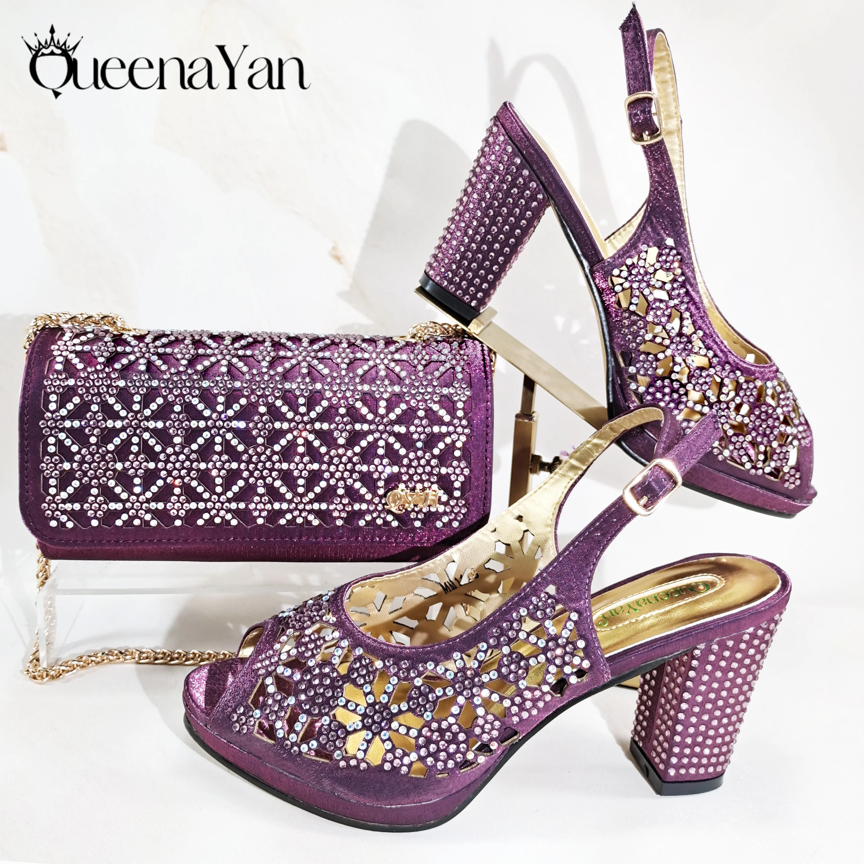

Queena Yan Hot Selling Elegant Purple Color Rhinestone Decoration Design High Heels and Bag Set for Party Wedding