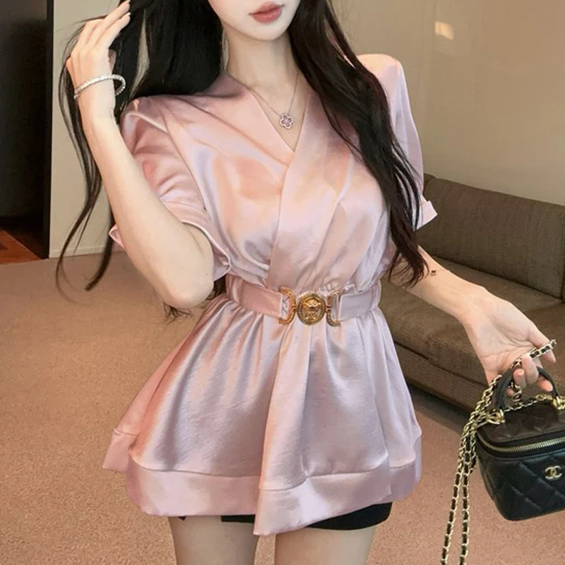 

Elegant Fashion Silk Satin Blouse V-neck Short Sleeve Women Shirt Summer Office Lady Tops
