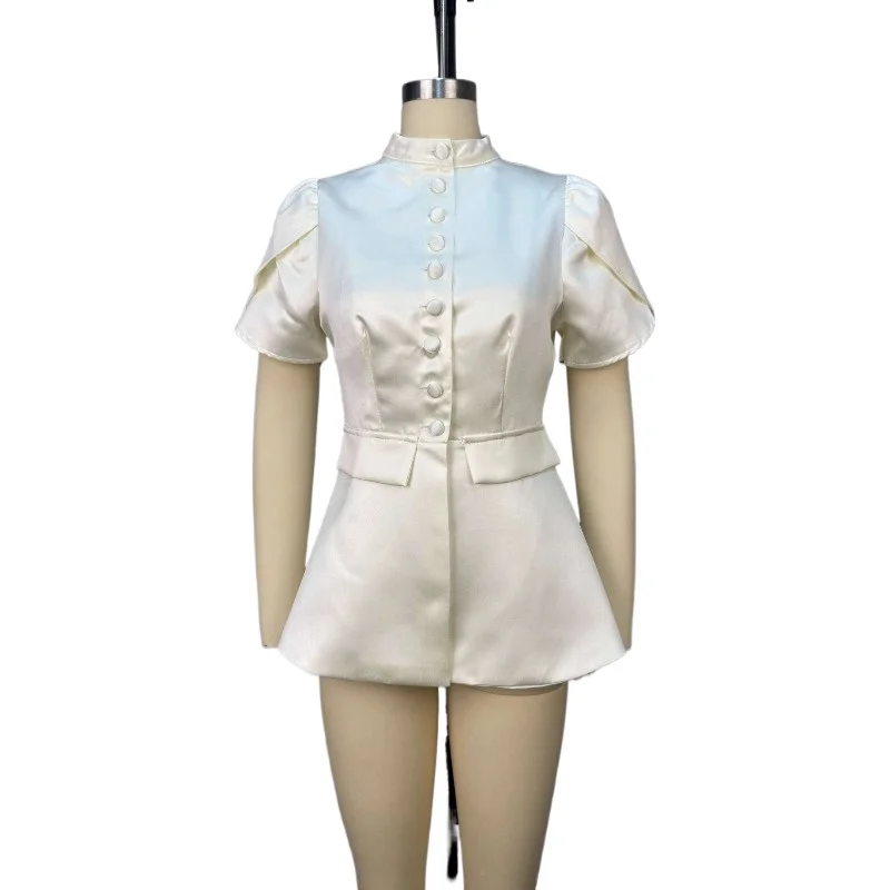 European American Women's Clothing Summer Design Sense Niche Bubble Sleeve Breasted Waist Small Suit Top Exquisite Simple Casual