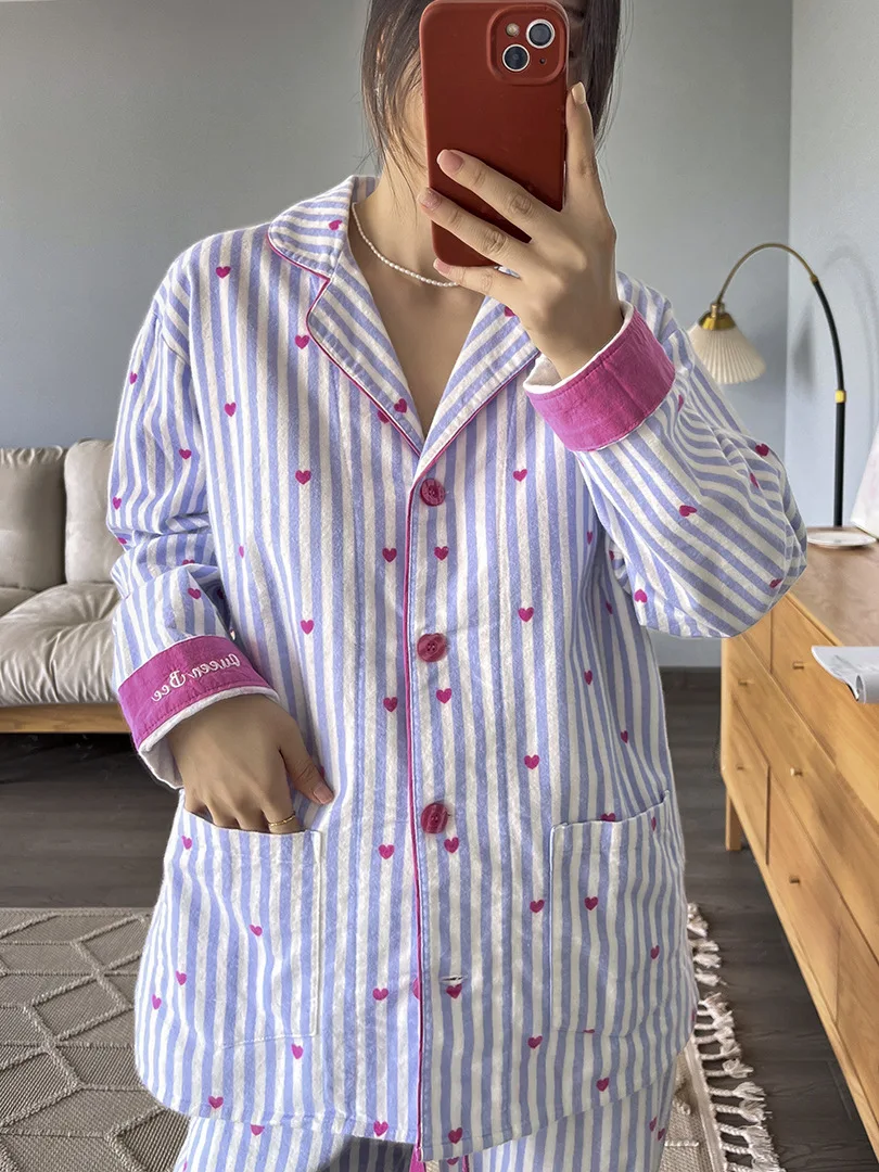 Damen Niedlicher Cartoon-Druck 100% Baumwolle Gebürstetes Pyjama-Set Frühling Herbst Langarm-Oberteil Lange Hose 2-teilig Loungewear Homewear – Detail 11