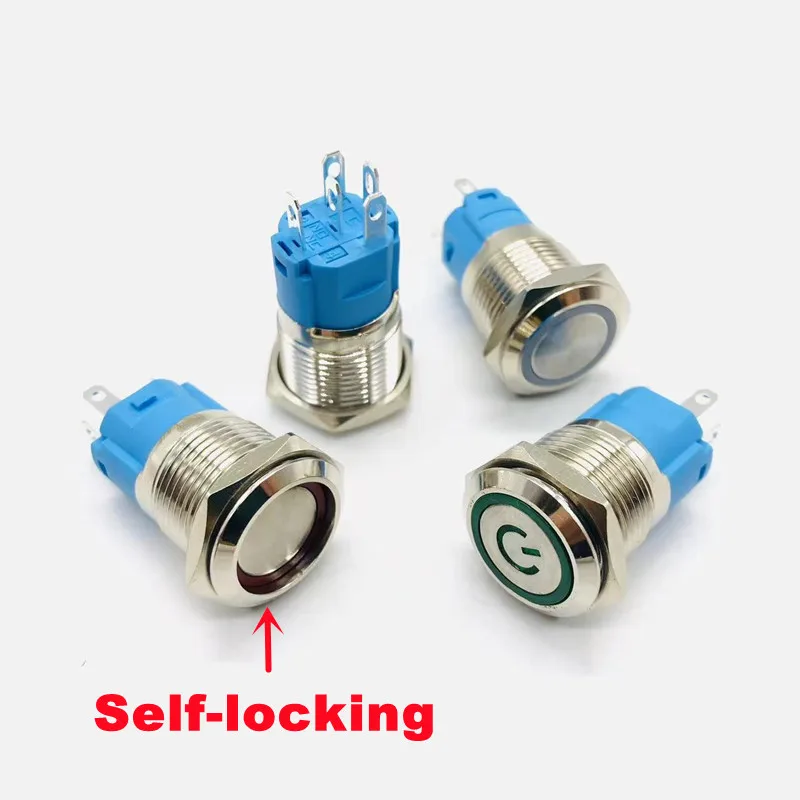 12/16/19MM waterproof metal button switch LED self-locking reset car engine power stop start switch 5PCS Red Green Blue White