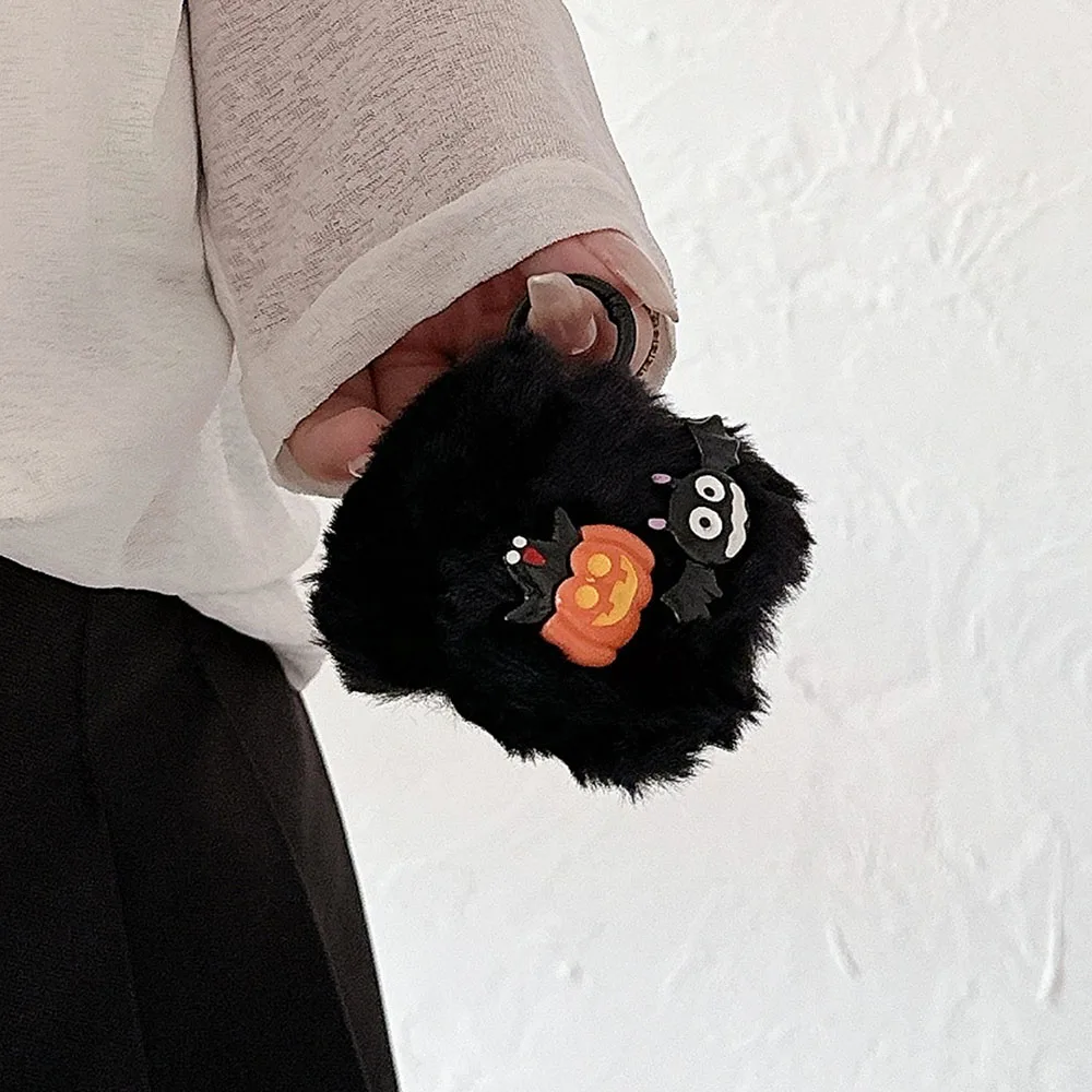 black hairy fluffy halloween silicone earphone case for airpods 2 3 cover for airpods 4 with keychain for airpods pro2 protector