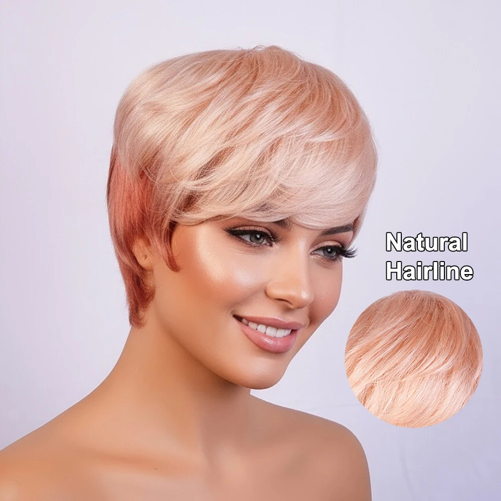 핑크 옴브레 숏 픽시컷 가발, 여성용 프리플럭 뱅이 있는 스트레이트 인모 가발, 기계식 캡 브라질리언 레미 헤어 가발