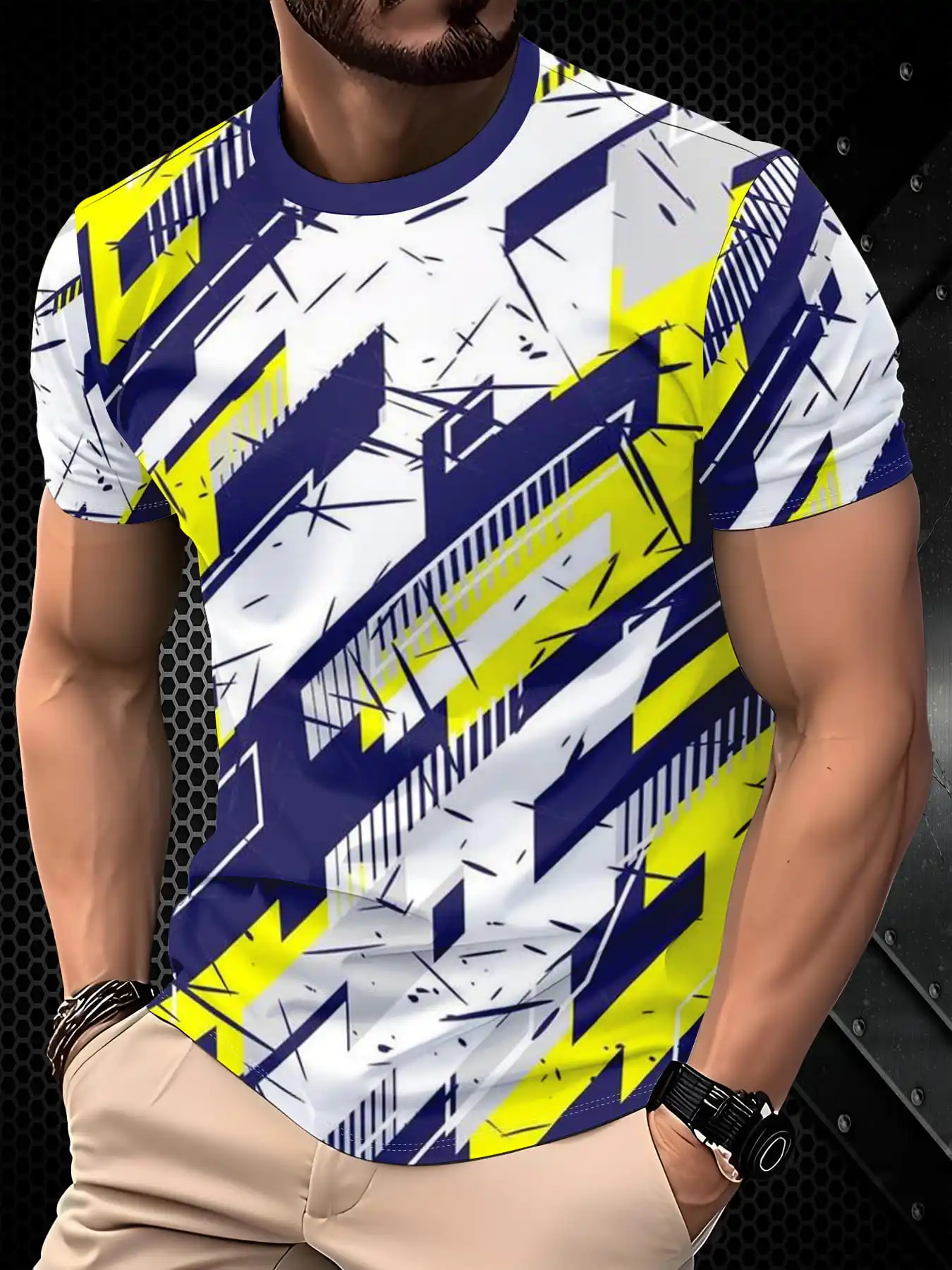 Men Quick Dry T-shirt High Elastic Geometric Crack Line Print Short Sleeve Breathable Crew Neck Tee
