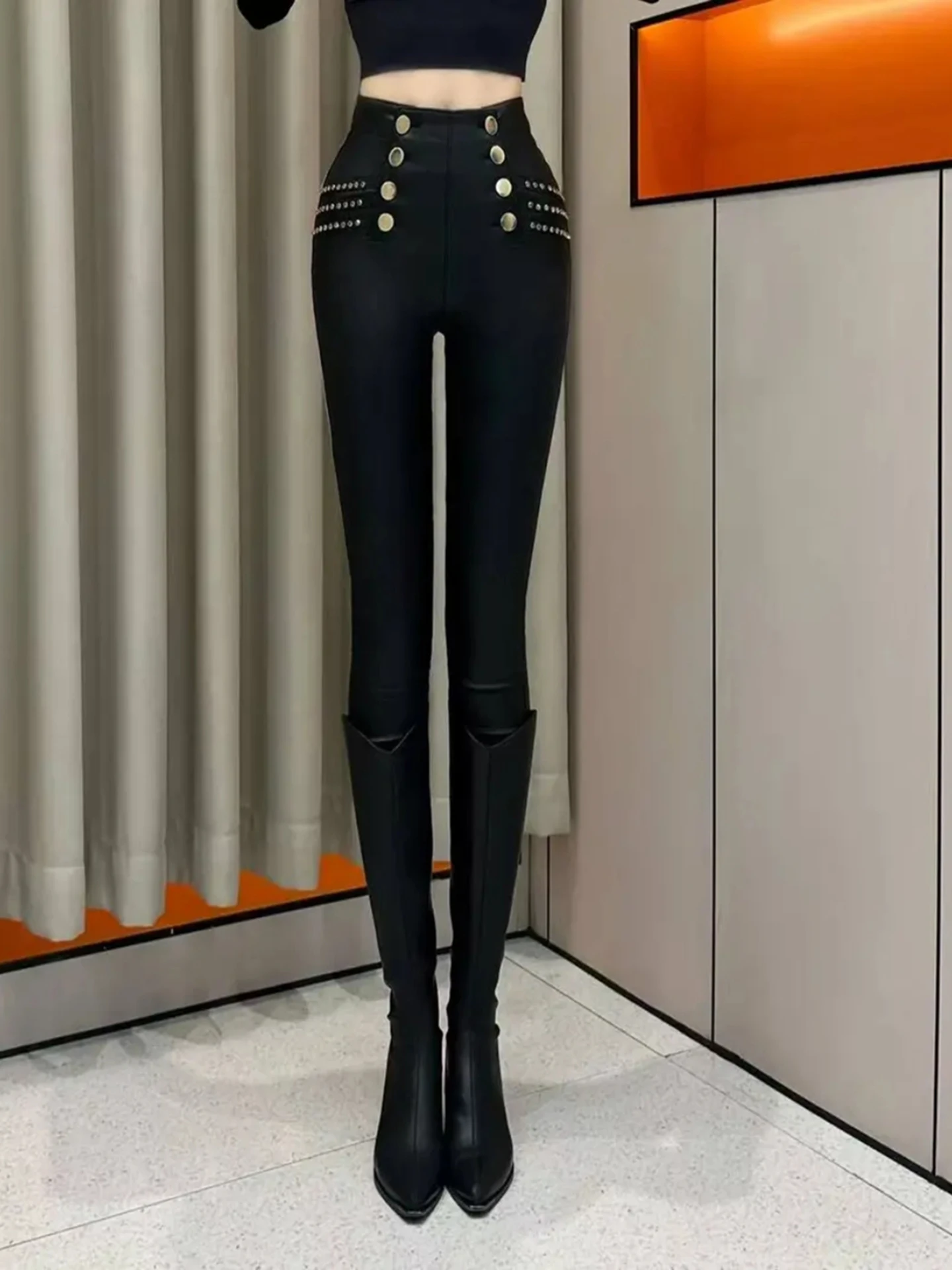 High Waist Double Button Warm Faionable Slim Fit Bootcut Leather Pants Pencil Pants Small Foot Pants Sli Slimming Boot ...