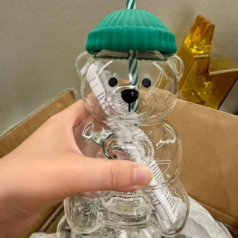 كوب زجاجي على شكل دب سعة 500 مل مع غطاء وقش مخطط، كوب شرب شفاف، مناسب للعصير والماء والقهوة المثلجة