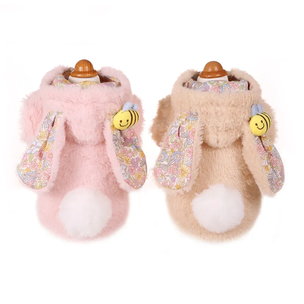 Pet Rabbit Fur Coat Cute Rabbit Ears Small Dog Autumn and Winter New Floral Cotton Jacket Thickened Cute Pet Coat Puppy Clothes