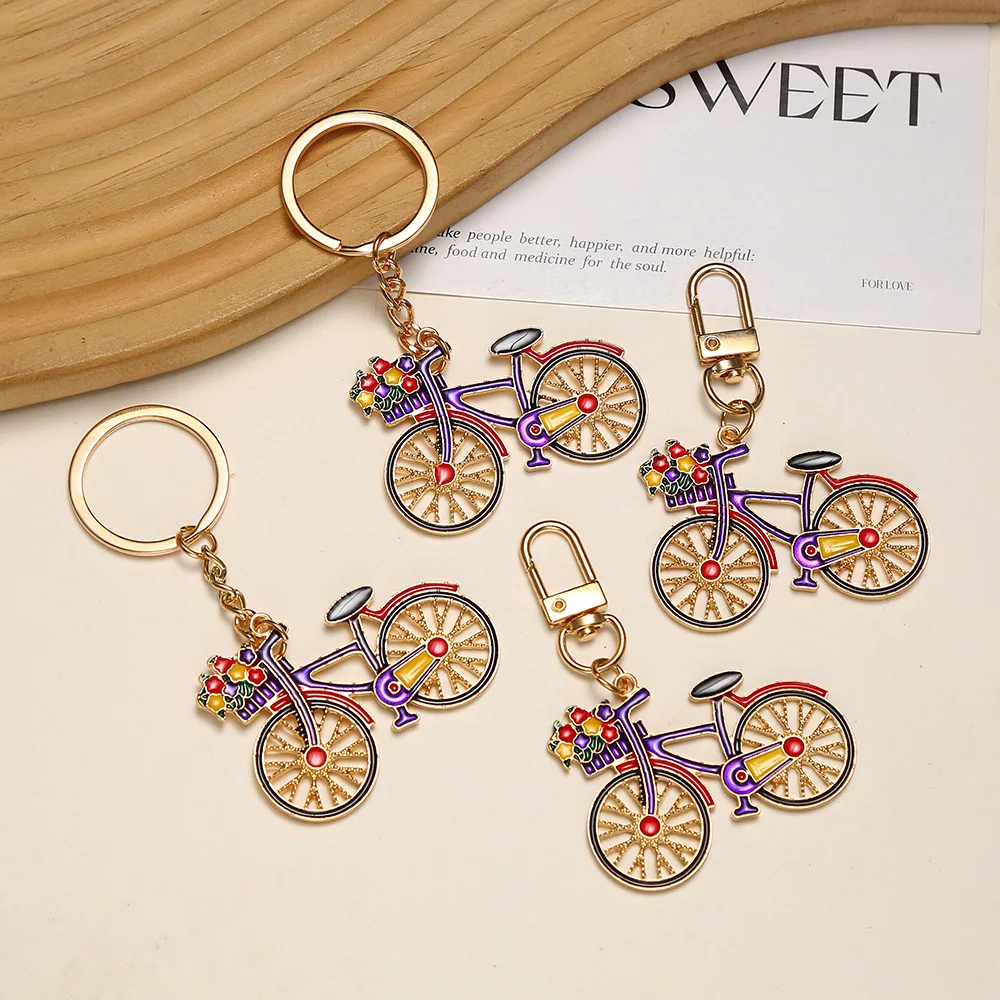 Girls Colorful Flower Bicycle Key Chain Women Alloy Gold Color Handbag Decor Bike Design Keyring Pendant Fashion Jewelry Gift